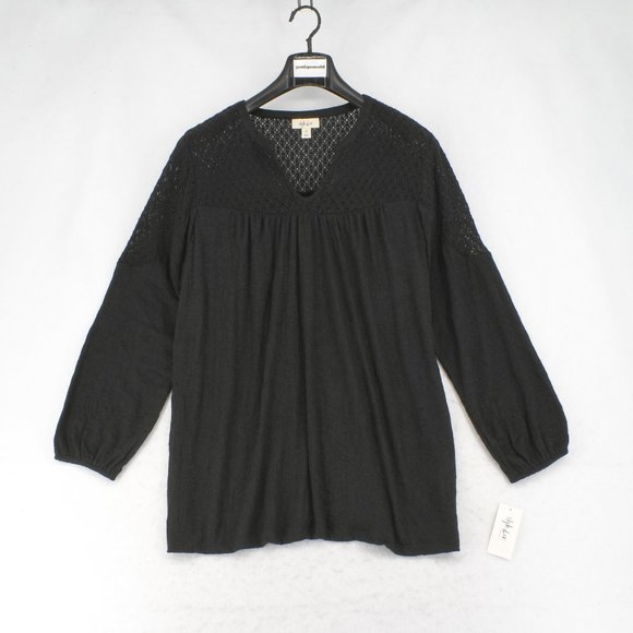 Style & Co Womens Plus Crochet Split V-Neck Long Sleeve Elastic Cuffs Top Black - Picture 2 of 8